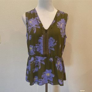 CAbi Olive Green and Purple Floral Blouse